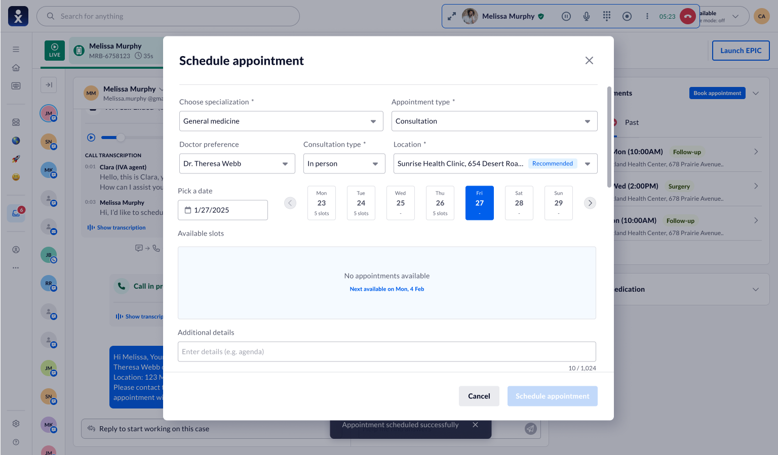 Schedule appointment modal showing no appointments available for the selected day, with a next-available link